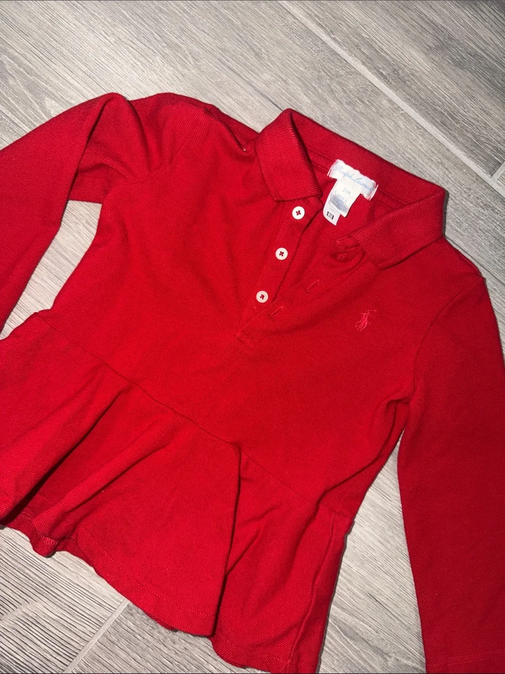 Ralph Lauren Girls Red Long-Sleeve Peplum Polo 24M