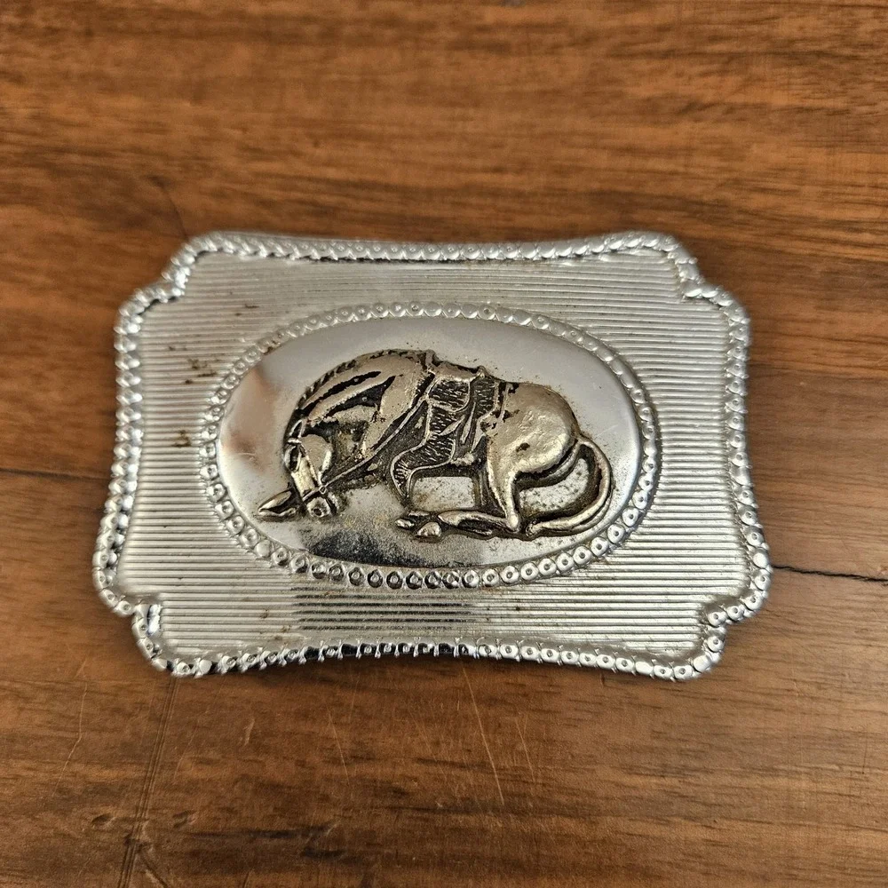 VIntage Bucking‎ Bronco Silver Tone Metal Belt Buckle Western