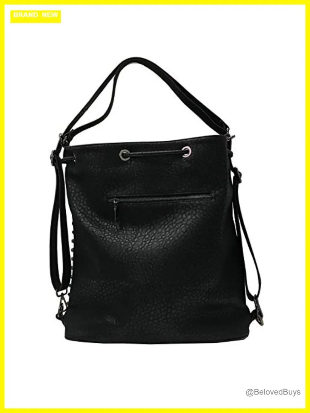 Oversized Studded Bucket Bag Vegan Leather 3-in-1 Convertible Backpack Crossbody