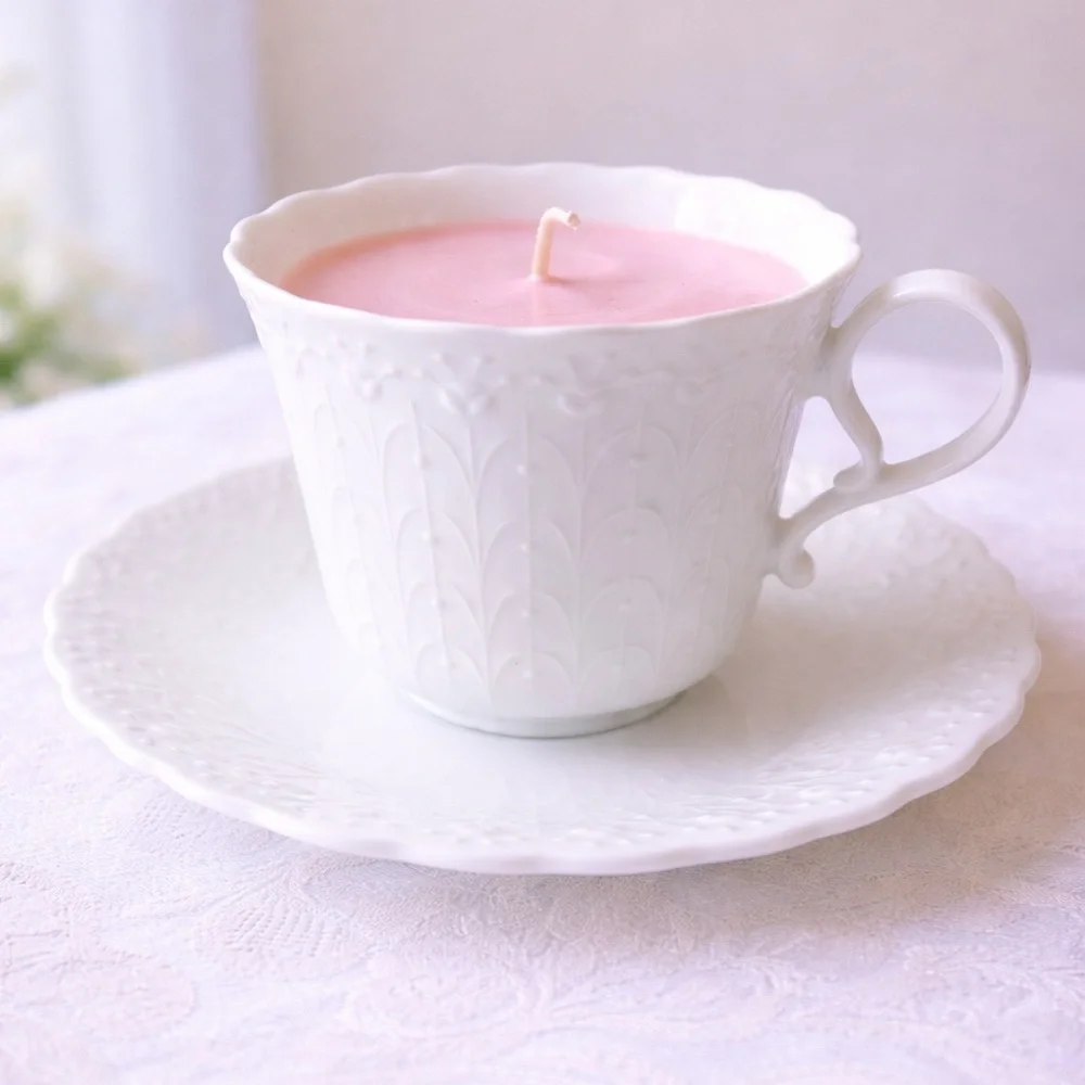 Narumi Bone China Teacup Candle Japan White Floral Cup Saucer Reusable Gift