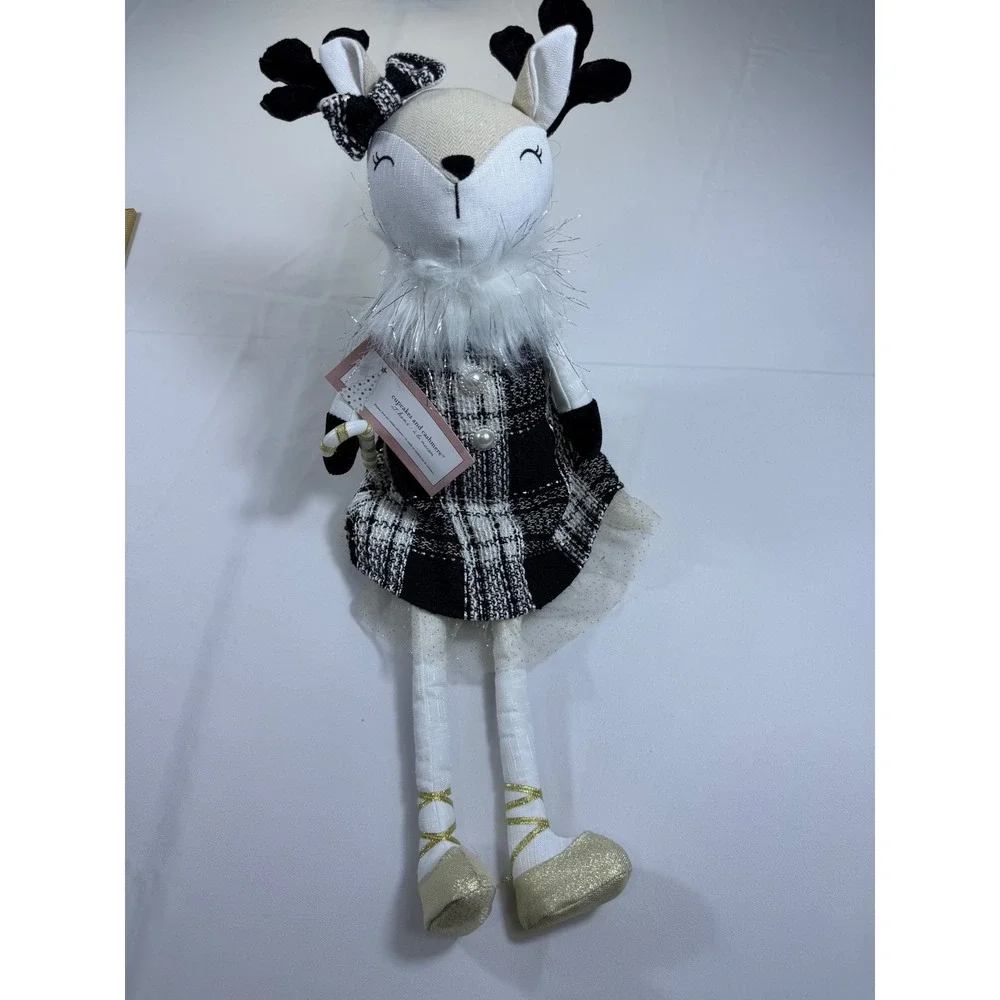 Cupcakes and Cashmere Reindeer Plush Holiday Decor‎ Black White Tweed Gold
