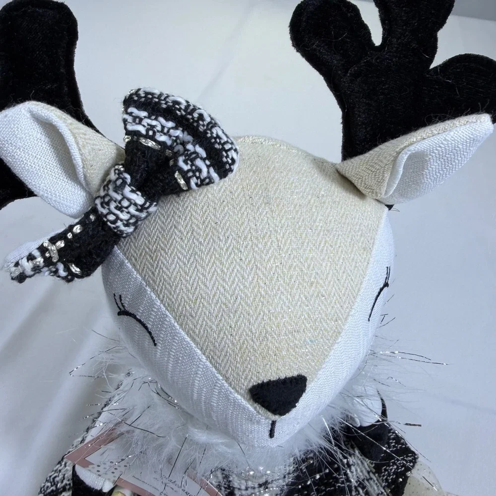 Cupcakes and Cashmere Reindeer Plush Holiday Decor‎ Black White Tweed Gold