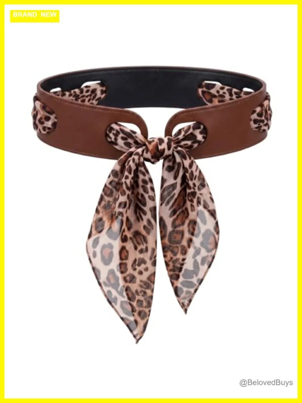 Women's Reversible PU Leather Scarf Belt Set with Leopard Print Chiffon Scarf -
