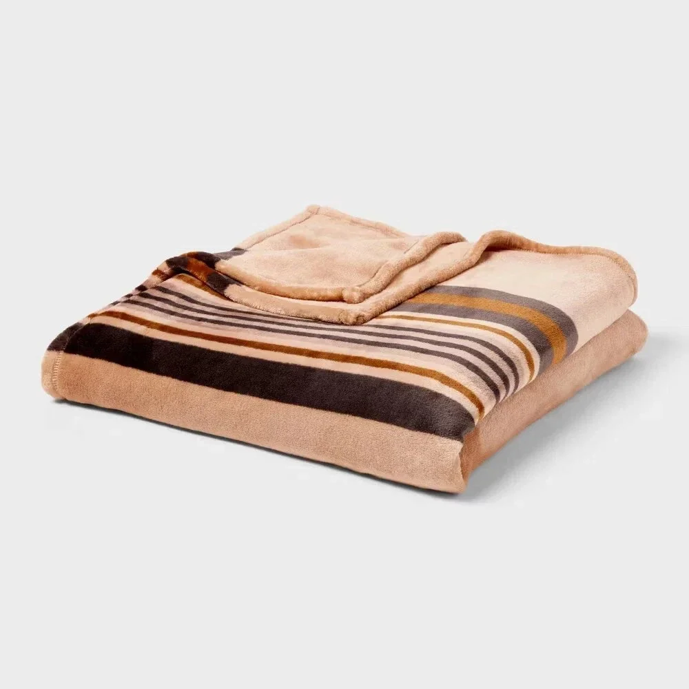 Full/Queen Microplush Blanket Khaki Border Stripe - Threshold