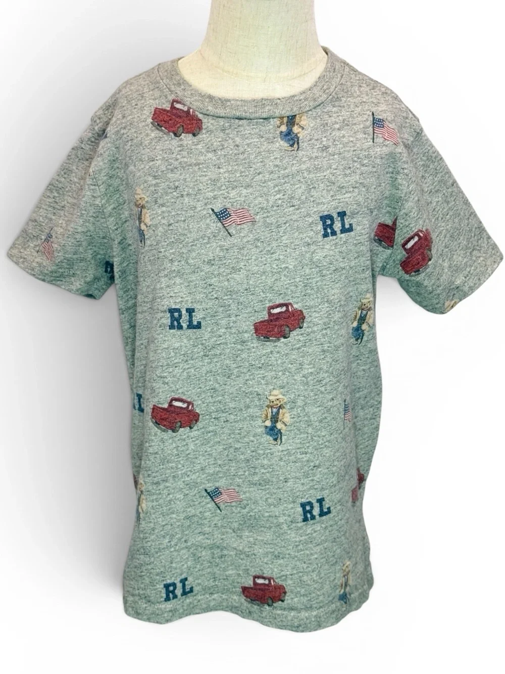 Polo Ralph Lauren Boy’s Grey All-Over Print Bear Truck Short Sleeve Shirt Size 7