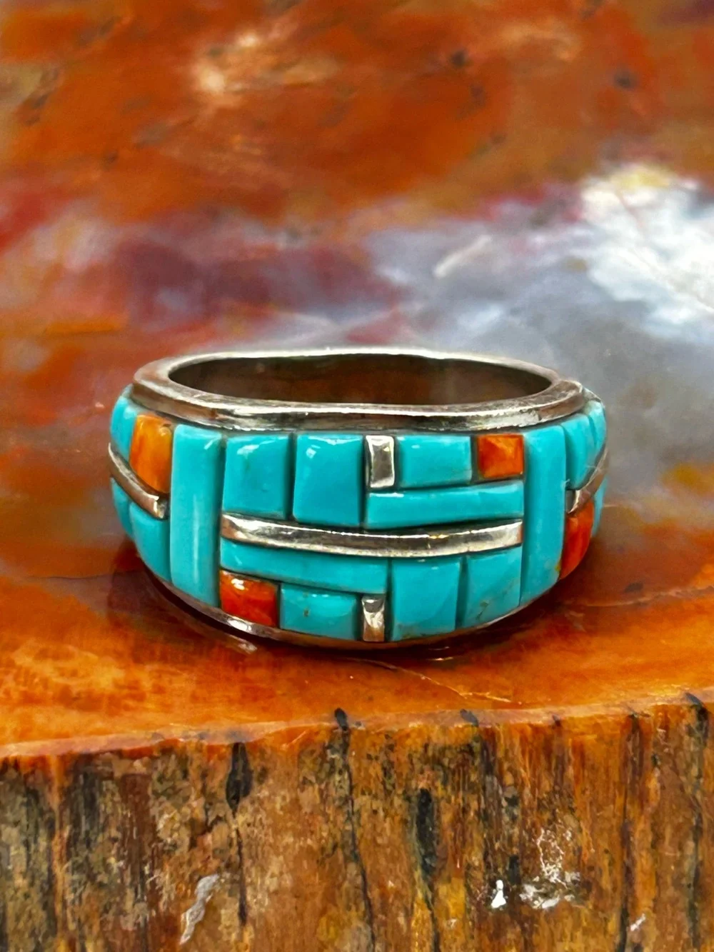 Southwest Turquoise and Coral Inlay Ring, sterling silver - Size 9