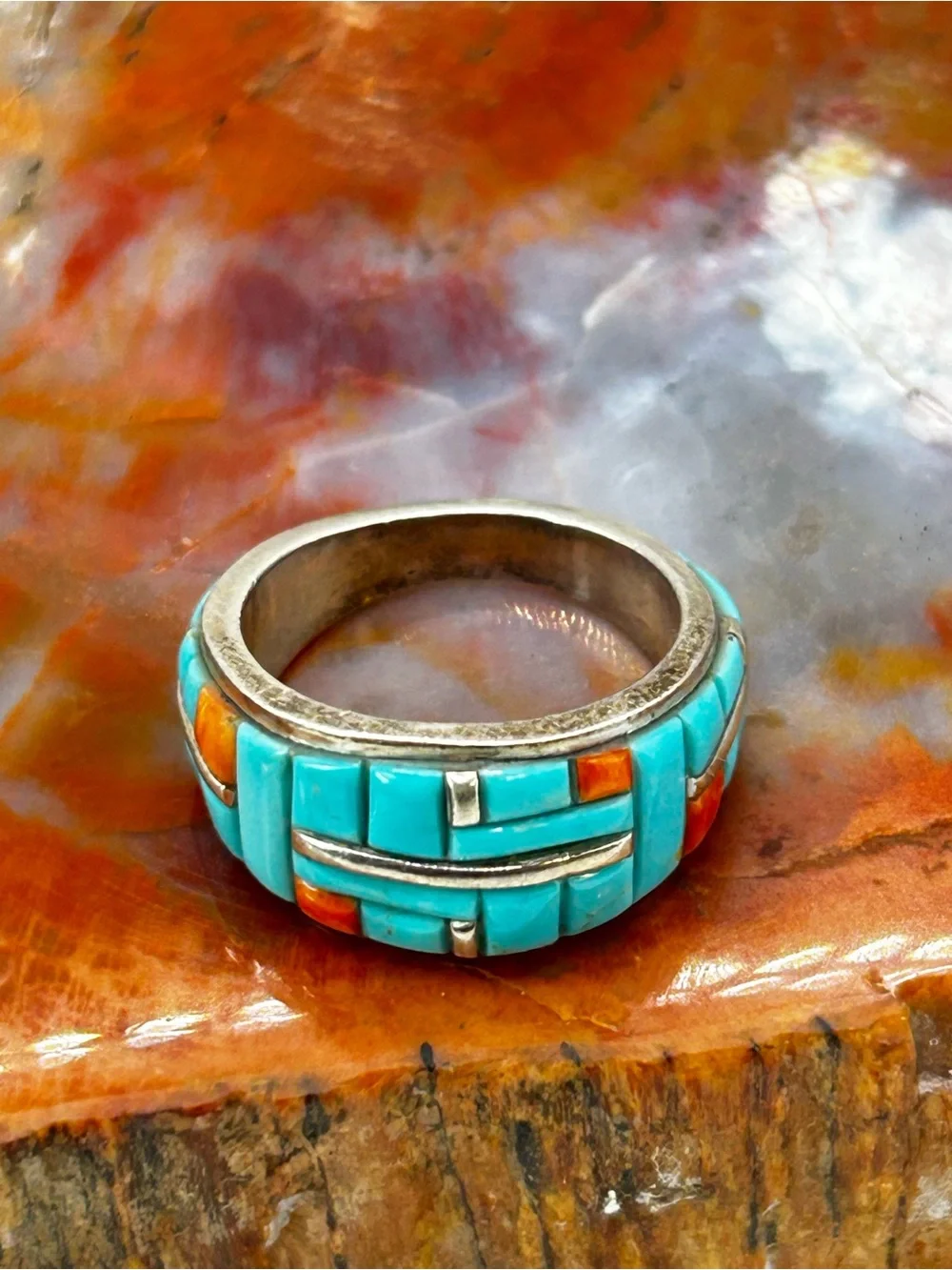 Southwest Turquoise and Coral Inlay Ring, sterling silver - Size 9
