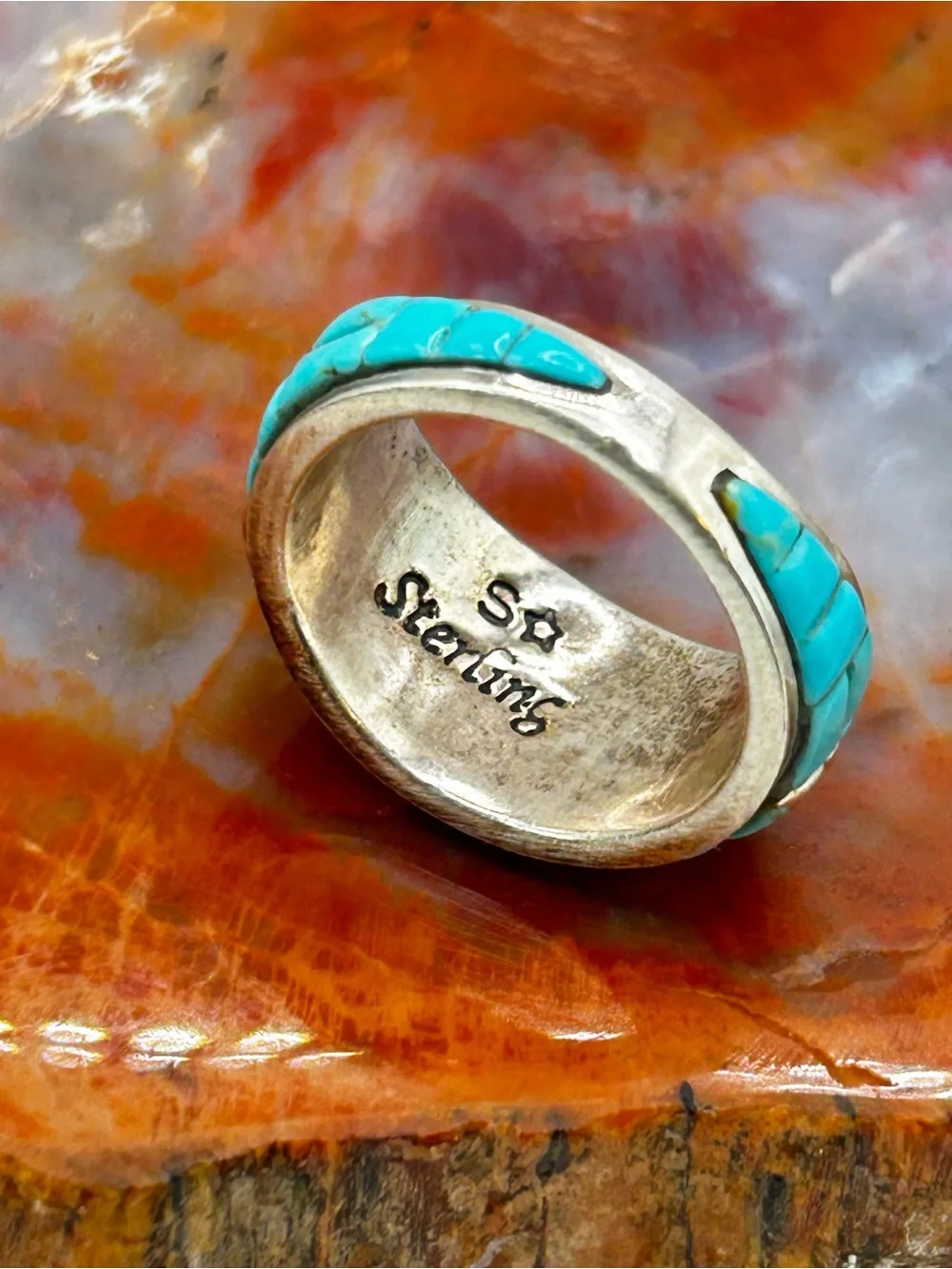 Southwest Turquoise and Coral Inlay Ring, sterling silver - Size 9