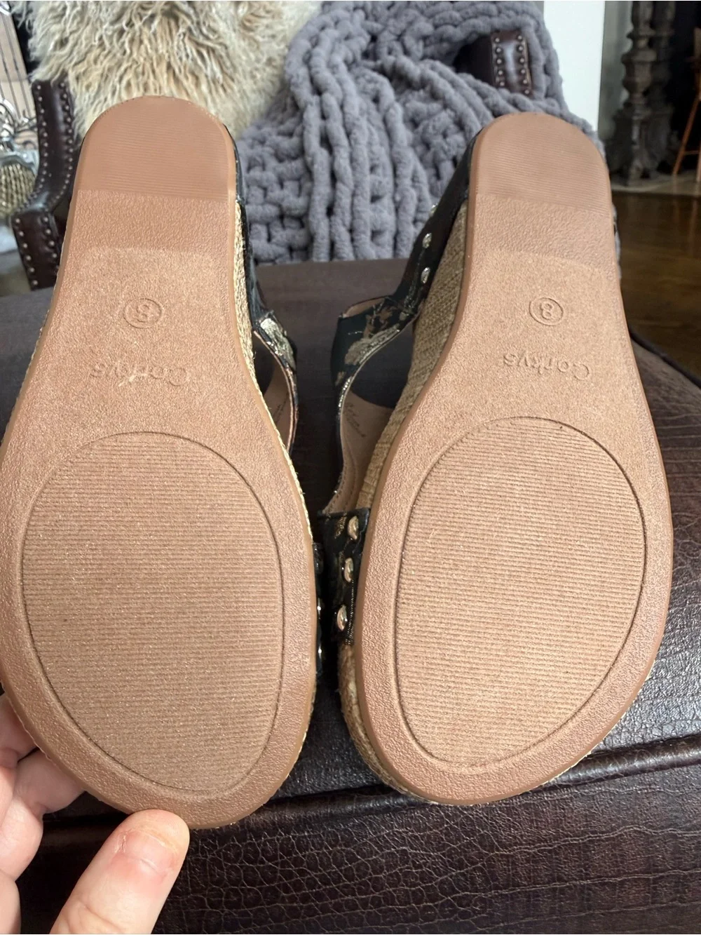 Corkys Black Floral Espadrille Wedge Sandals