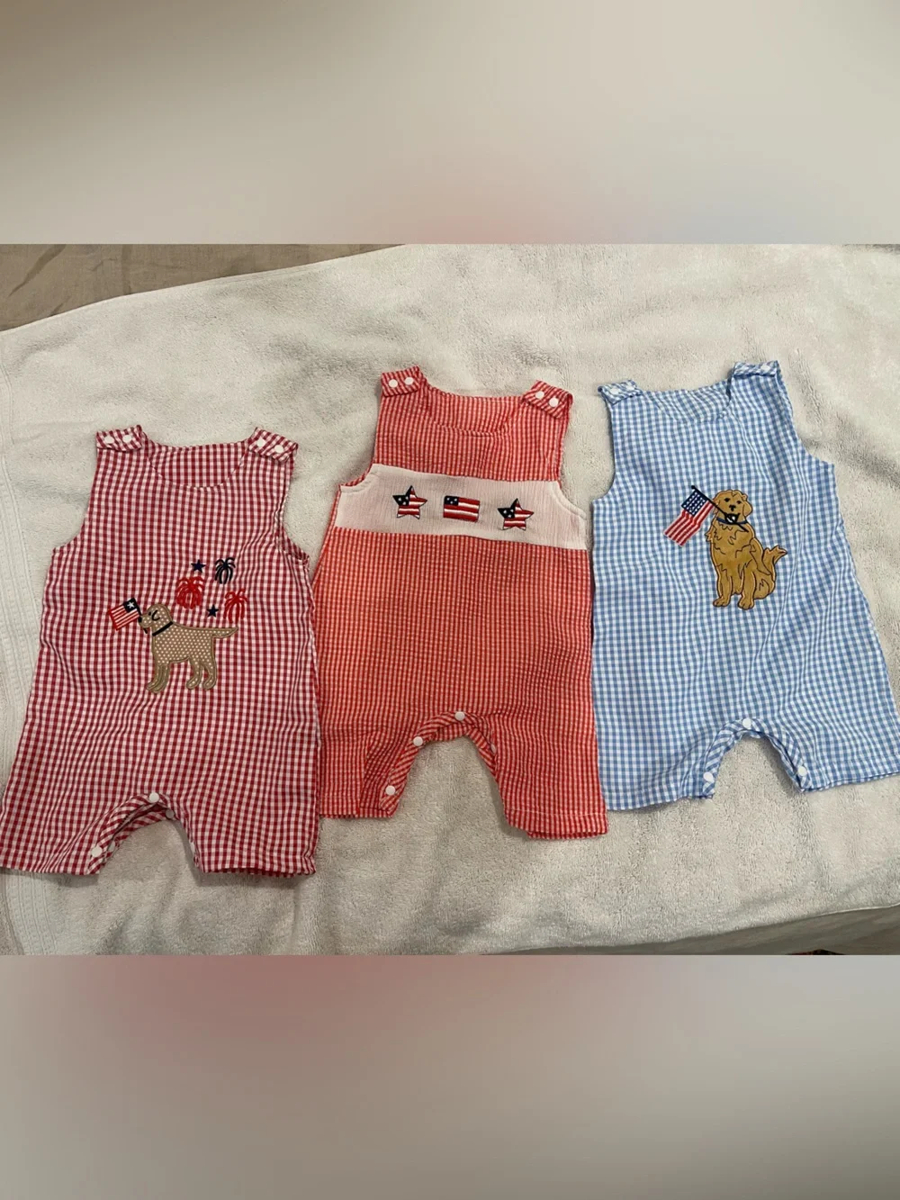 Patriotic Jon Jon for July 4th Blue Gingham Puppy Dog Baby Rompers USA Lot of 3