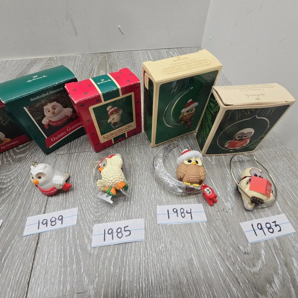 Vintage Hallmark Owl Ornament Lot 1983-1994 Owliver Series Christmas Boxed 9pc‎