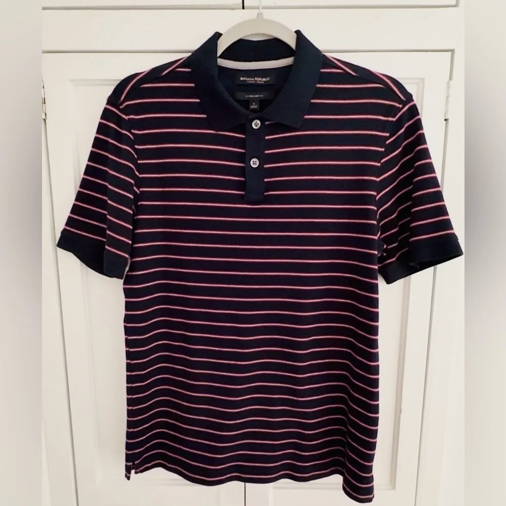 Banana Republic S Luxury Touch Polo Standard Fit Navy/ Burgundy Striped Polo
