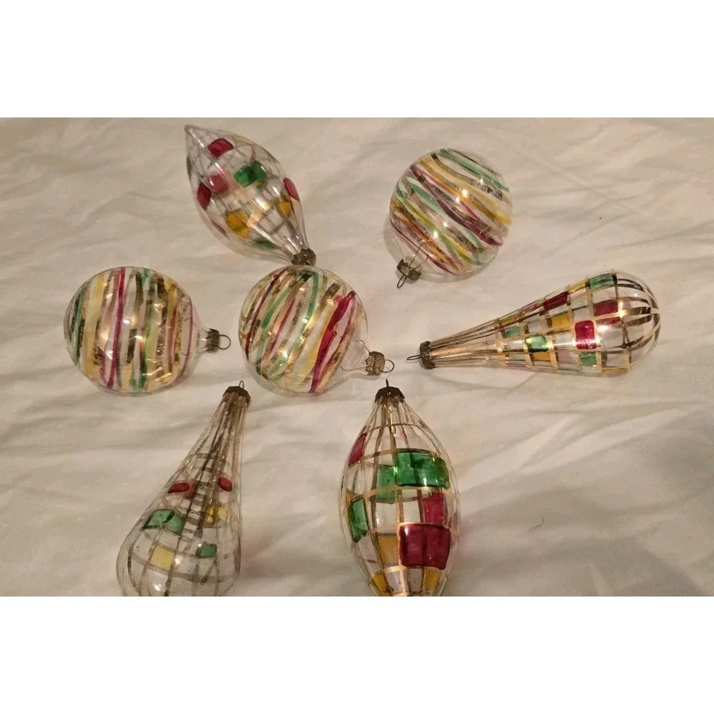 Lot Of‎ 7 Vintage Hand Painted Blown Glass With Gold Glitter Ornament