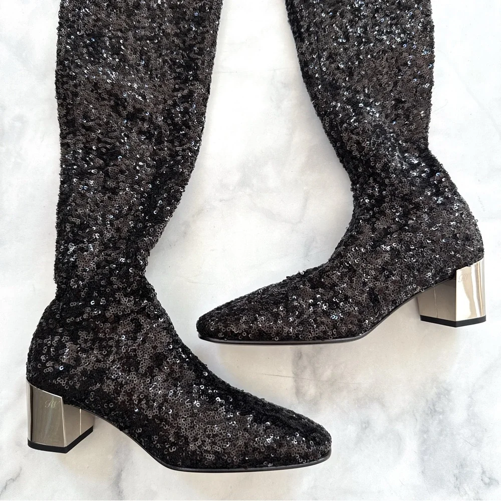 NEW Roger Vivier Sequin OTK Over the Knee Low Block Heel Sock Boots Black 35