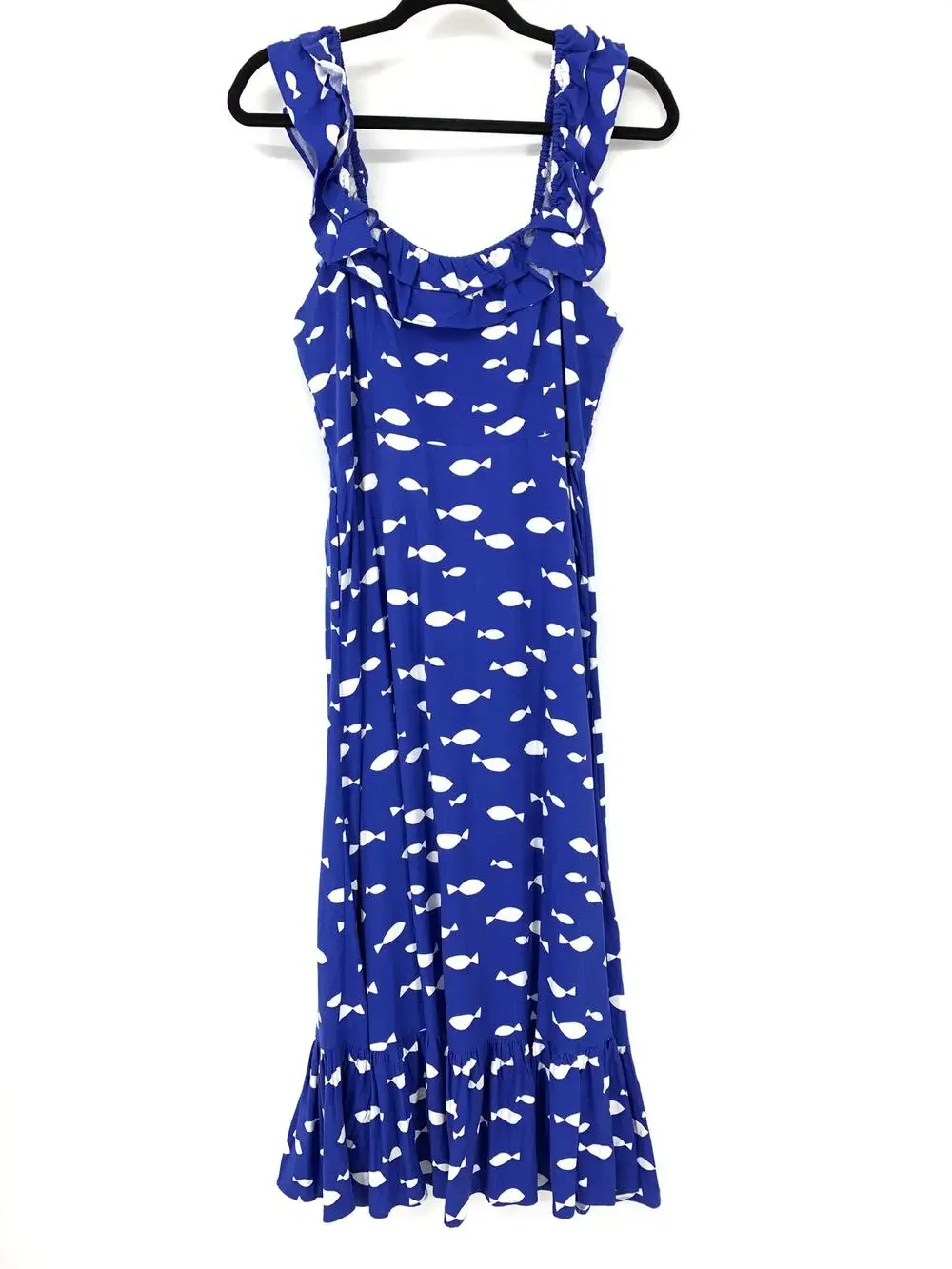 Kate Spade Graphic Fish Print Ruffle Midi Dress Womens Size Large Blue White