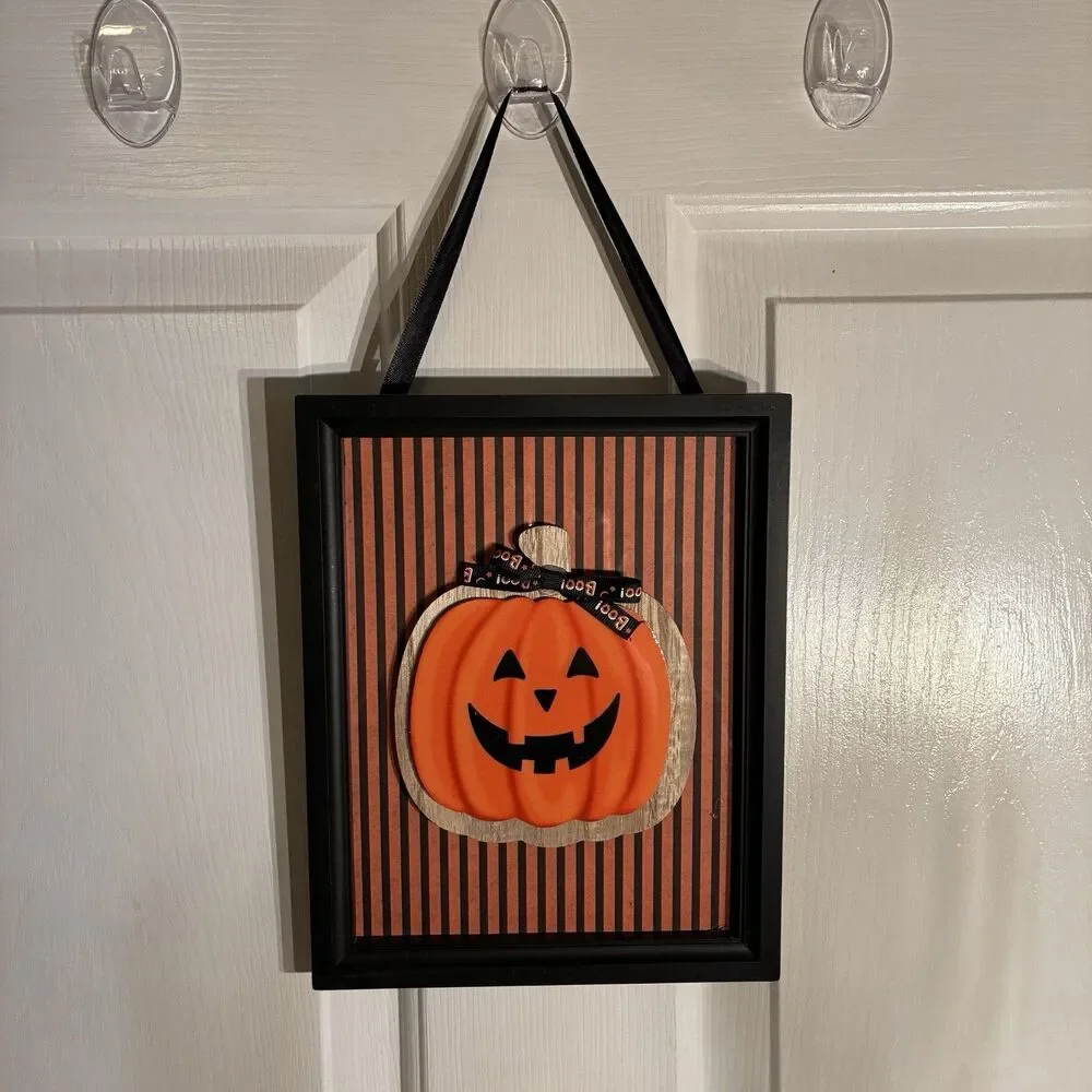 Halloween Jack-O-Lantern On Frame Stripes & Witch’s Brew Wood Potion Bottle