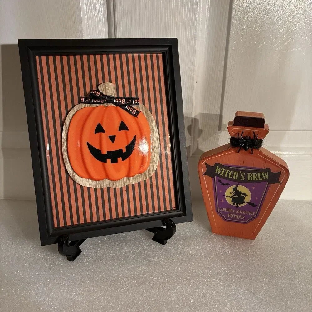 Halloween Jack-O-Lantern On Frame Stripes & Witch’s Brew Wood Potion Bottle