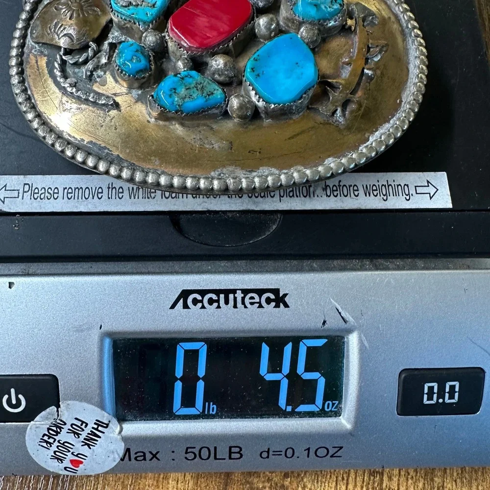 Vintage OE Native American Style Turquoise Red Coral Mixed Metal Belt Buckle