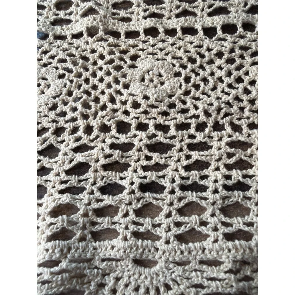 Handmade Crochet Lace Tablecloth Cream Cotton Oblong 53x66 Vtg Geometric Floral