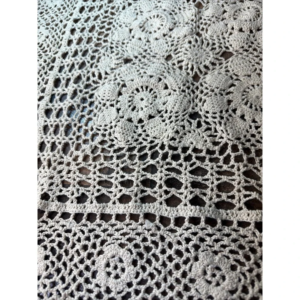 Handmade Crochet Lace Tablecloth Cream Cotton Oblong 53x66 Vtg Geometric Floral