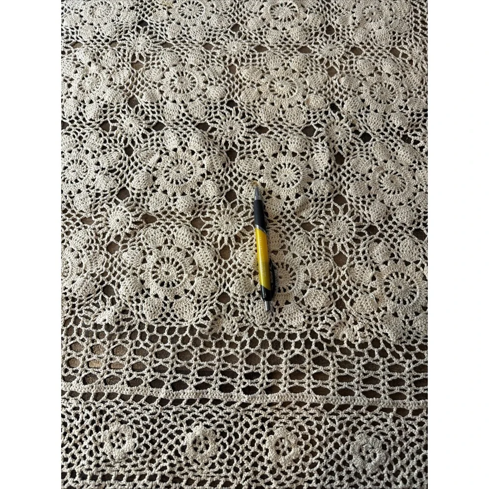Handmade Crochet Lace Tablecloth Cream Cotton Oblong 53x66 Vtg Geometric Floral
