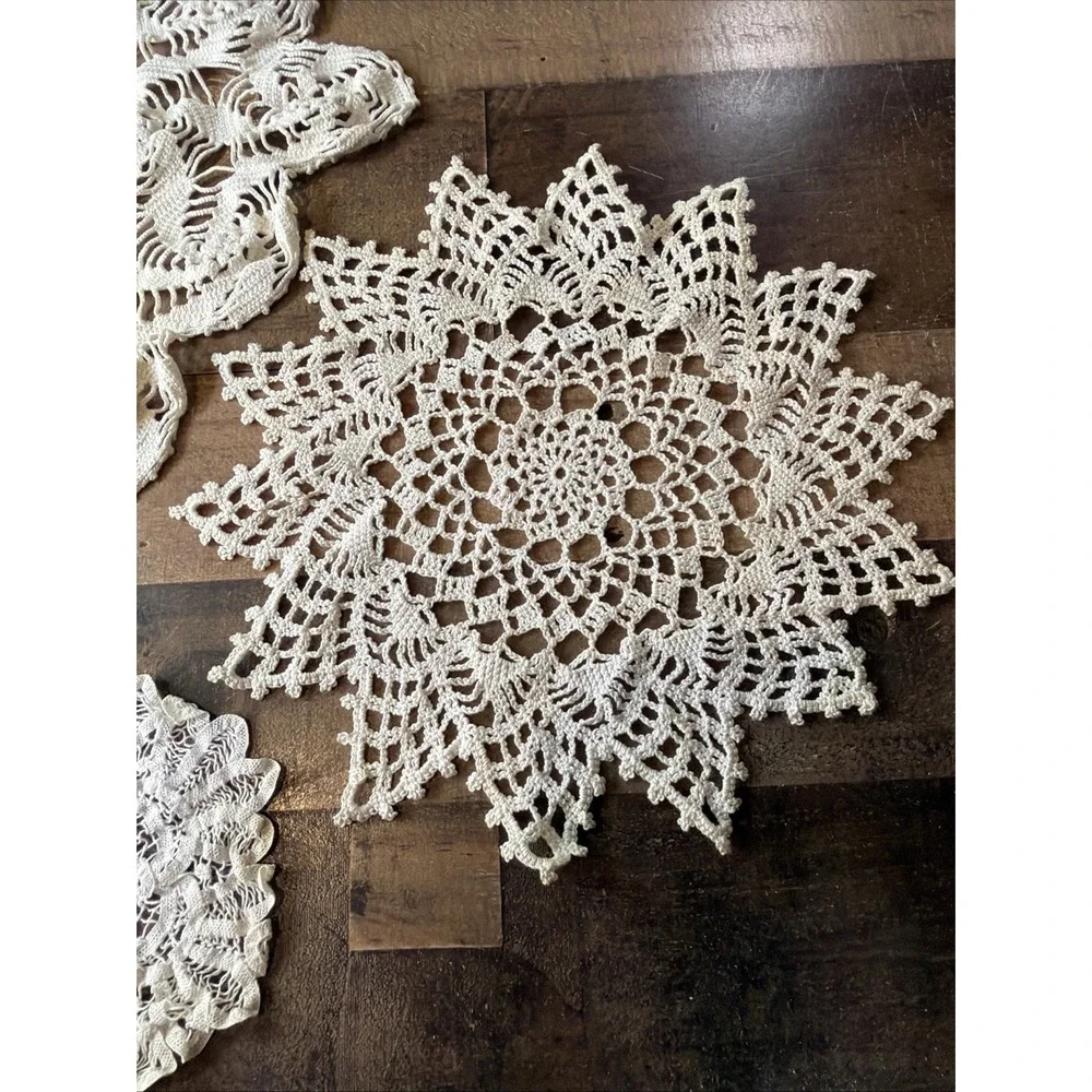 Hand Crochet Doily Lot of 3 Off White Lace Table Topper Runner Star Vtg 6-20