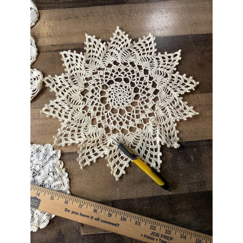 Hand Crochet Doily Lot of 3 Off White Lace Table Topper Runner Star Vtg 6-20