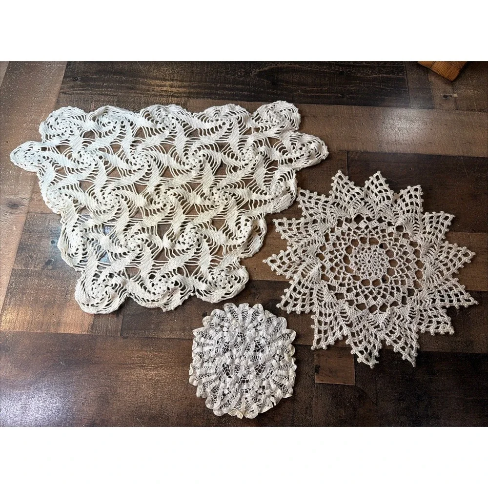 Hand Crochet Doily Lot of 3 Off White Lace Table Topper Runner Star Vtg 6-20