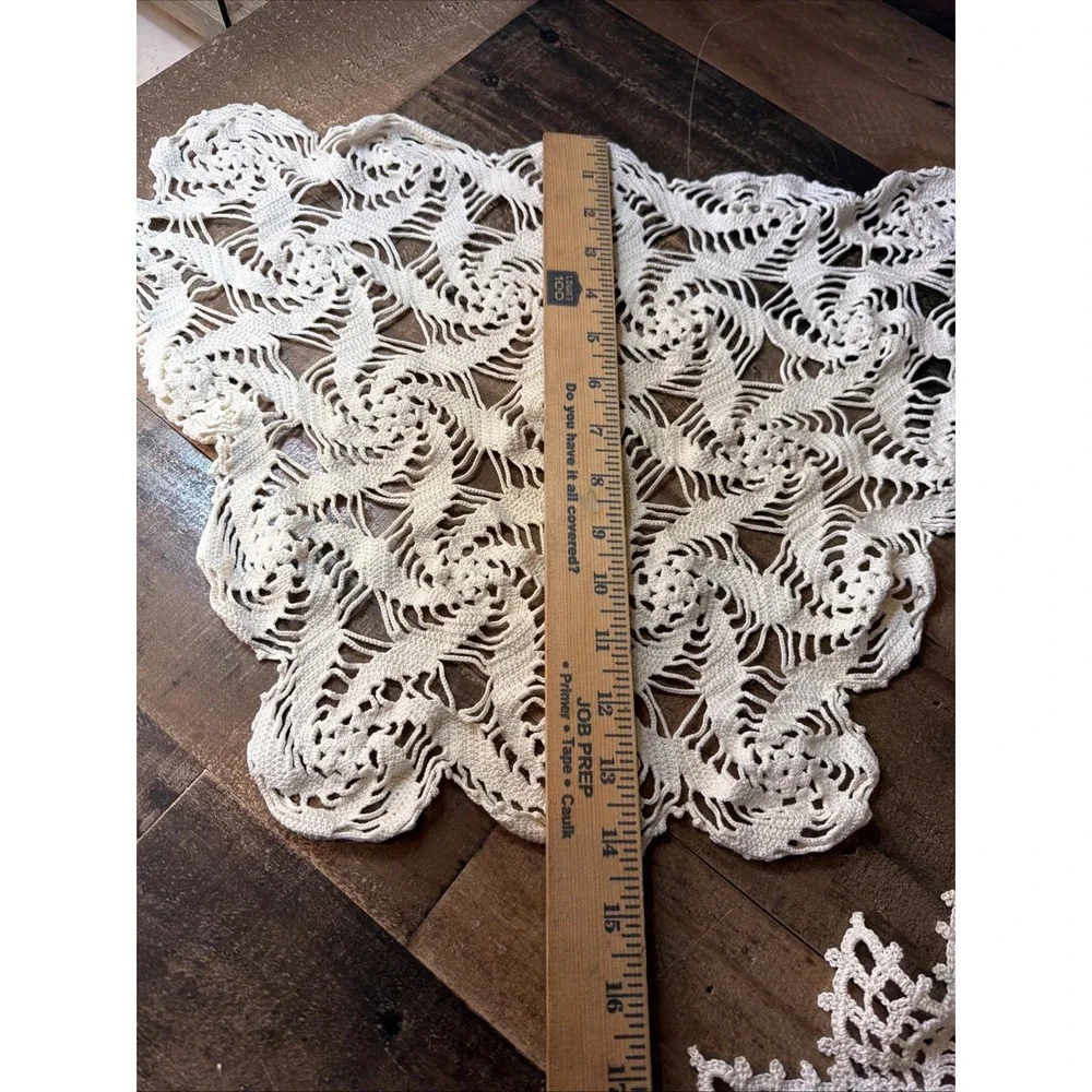 Hand Crochet Doily Lot of 3 Off White Lace Table Topper Runner Star Vtg 6-20