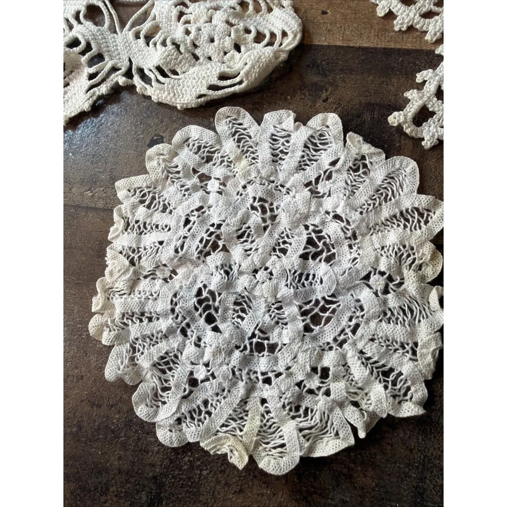 Hand Crochet Doily Lot of 3 Off White Lace Table Topper Runner Star Vtg 6-20