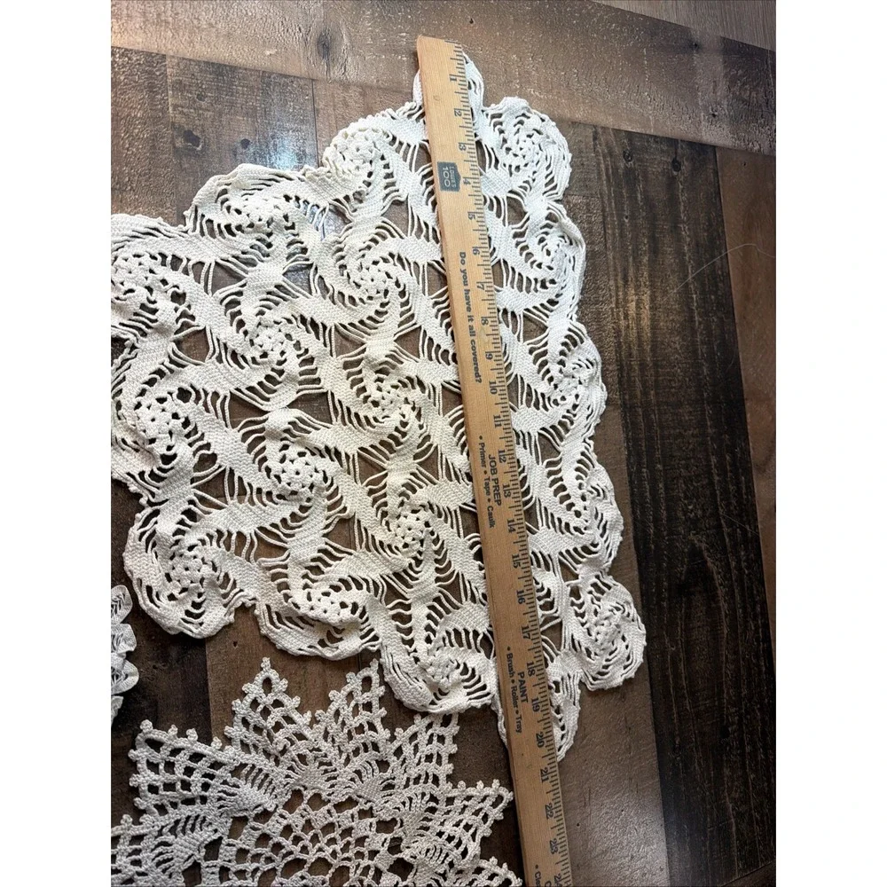 Hand Crochet Doily Lot of 3 Off White Lace Table Topper Runner Star Vtg 6-20