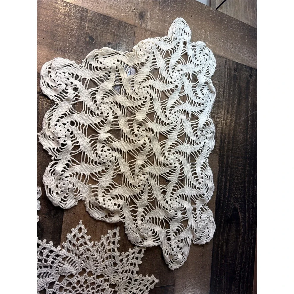 Hand Crochet Doily Lot of 3 Off White Lace Table Topper Runner Star Vtg 6-20