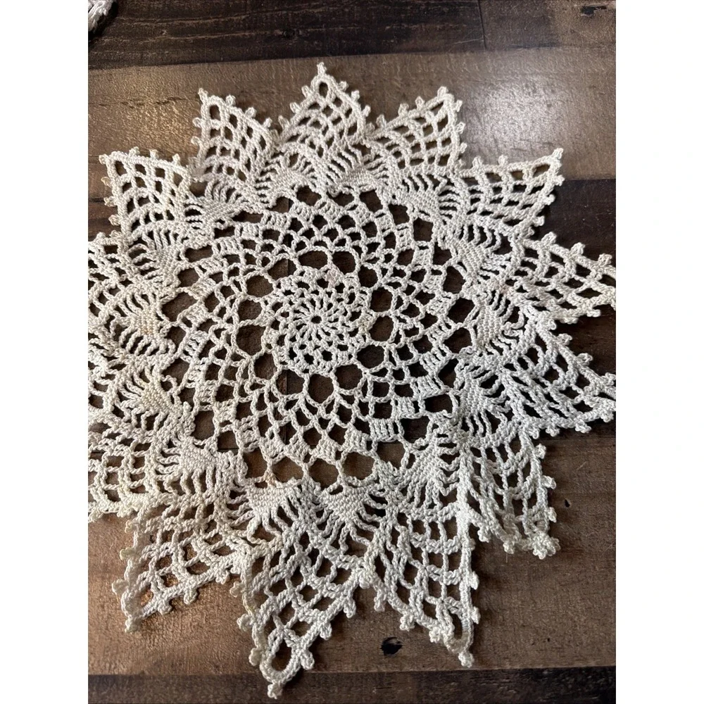 Hand Crochet Doily Lot of 3 Off White Lace Table Topper Runner Star Vtg 6-20