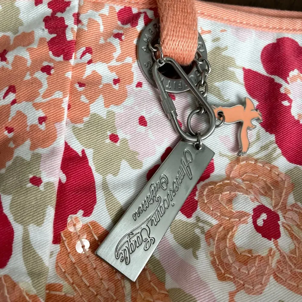 American Eagle Floral Sequined Canvas Tote Bag Cloth Shoulder Salmon Peach