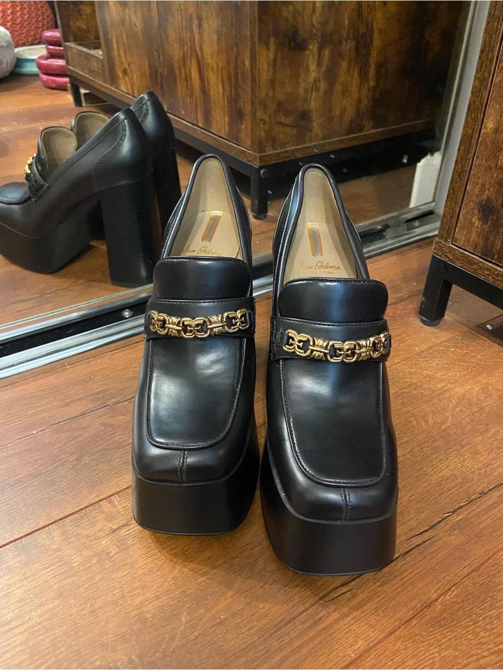 Sam Edelman Black Platform Loafers with Gold Chain