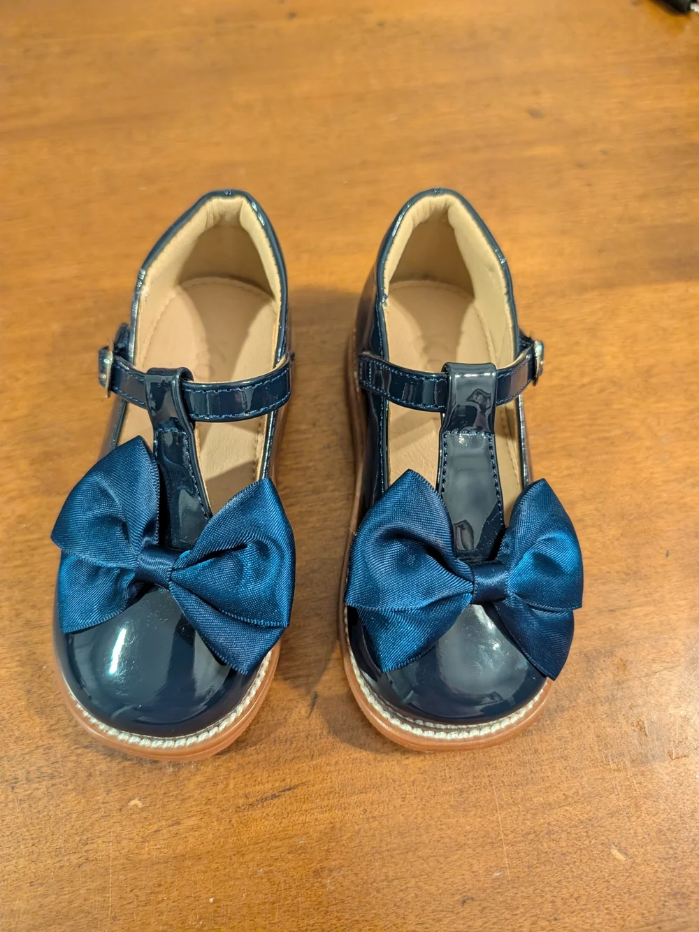 Patent Navy Bow T-Strap Girls Dress Shoes