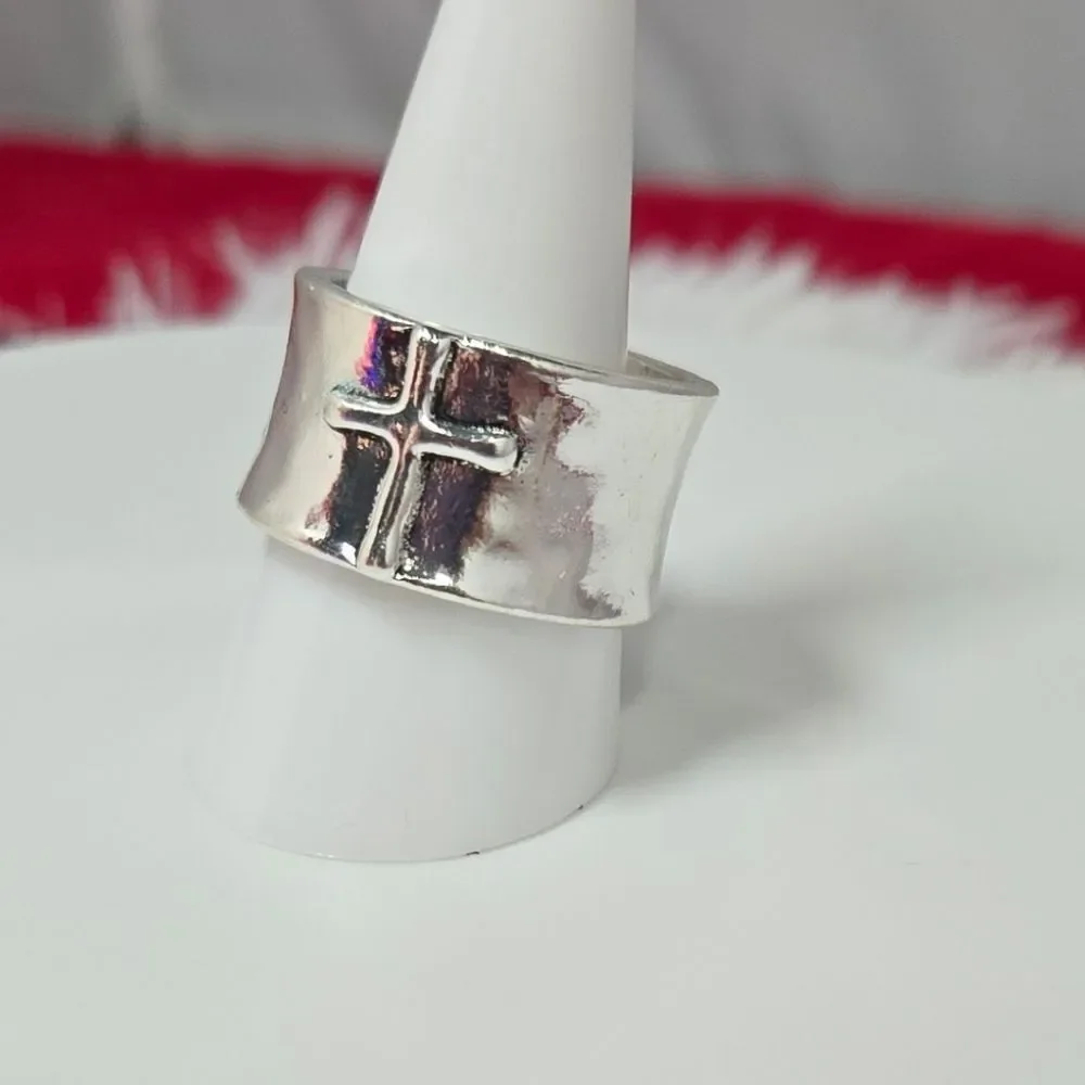 Vintage Silver Cross Ring Wide 13mm Band Antique Finish Faith Statement Size 9.5