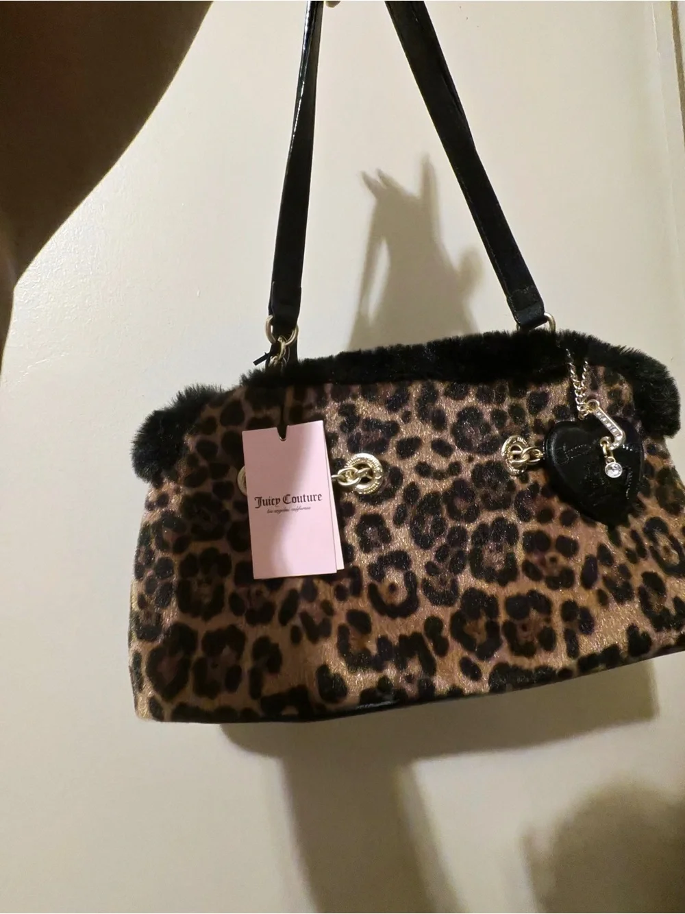 Juicy Couture Glamour Gang Satchel in Natural leopard with black faux fur trim