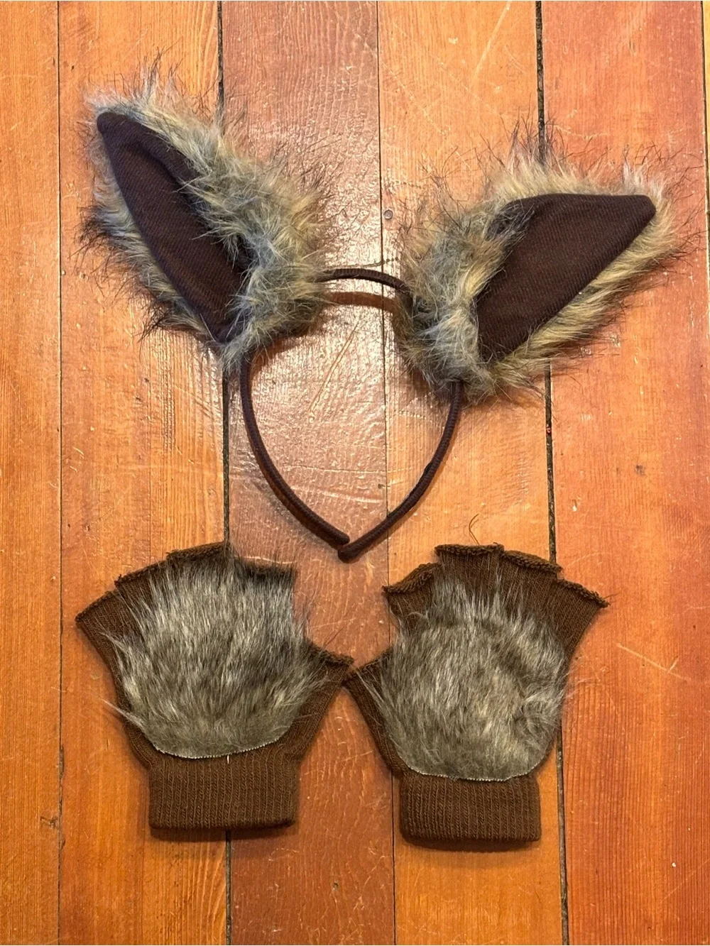 Brown Faux Fur Animal Ears Headband and Mitts Set Big Bad Wolf, Dog