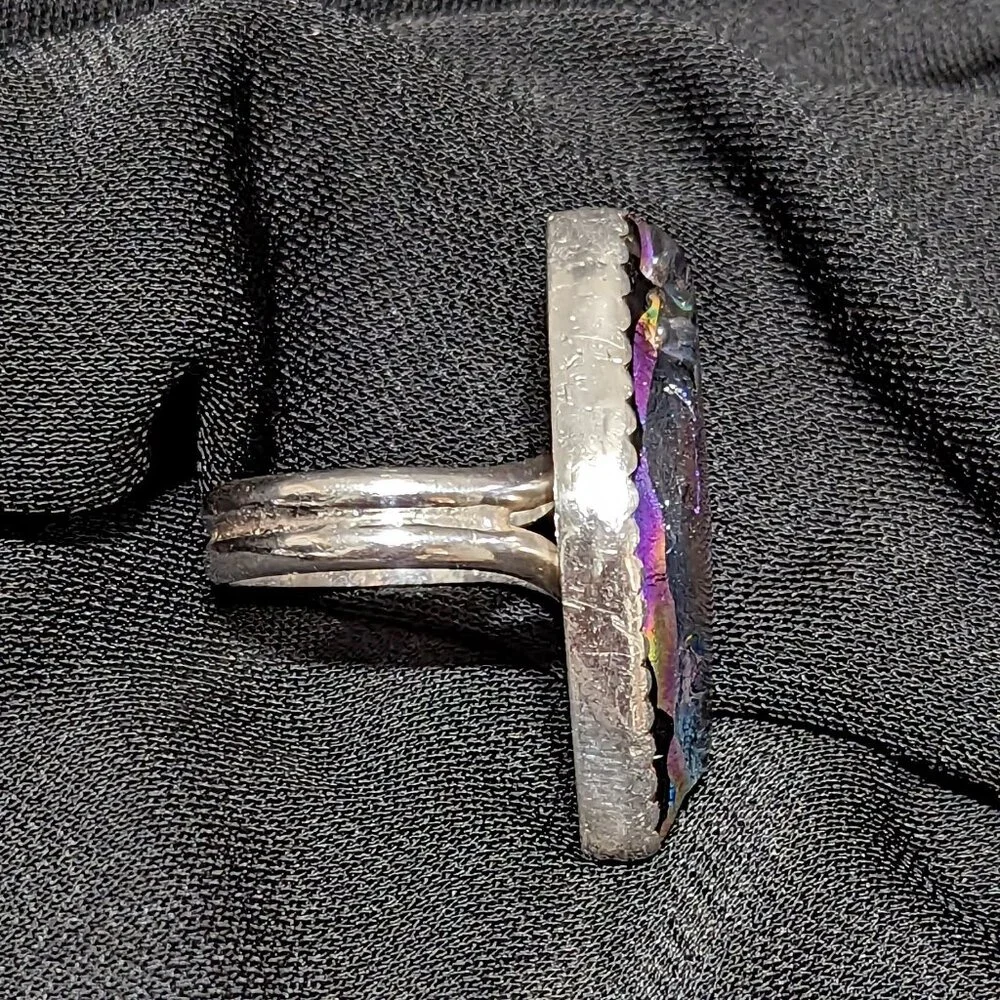 WOW Signed Purple Magenta Dichroic RULA GLASS Sterling Silver Ring Sz 9.5 19.4mm