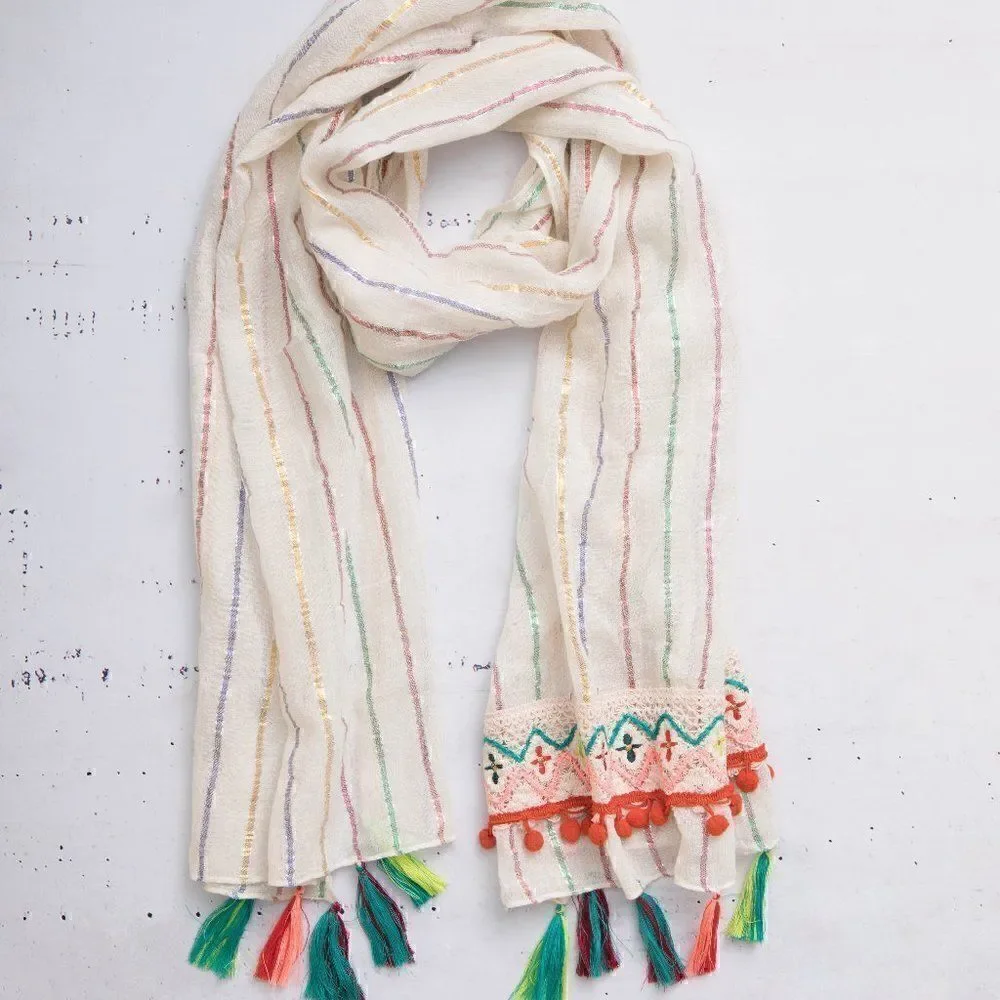 Boho Bright Stripe Tassels Scarf Wrap Bohemian Hippie Gypsy Pompom Pashmina