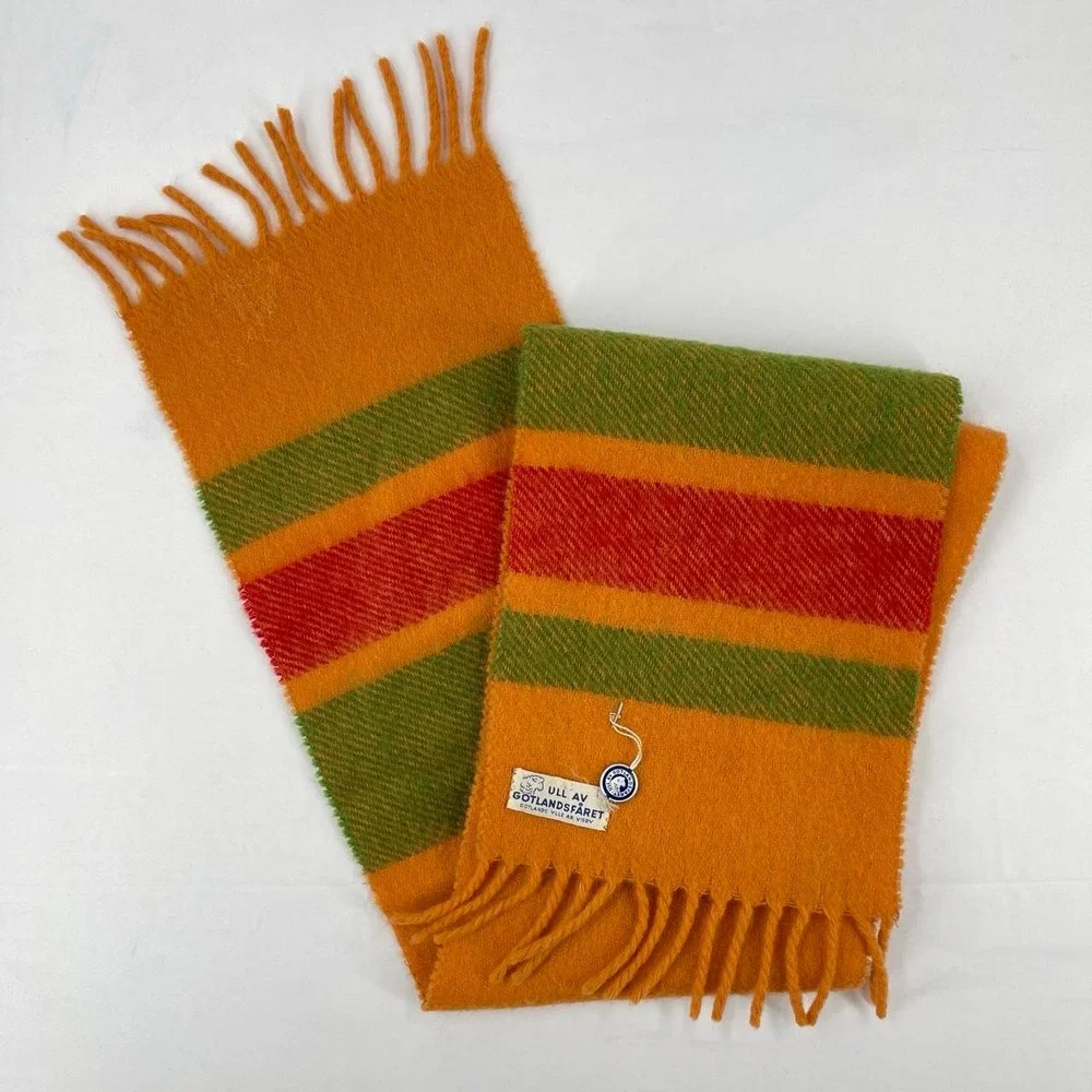 Vintage 70s Swedish Wool Gotland Scarf New Orange Striped Tassel Fall Academia