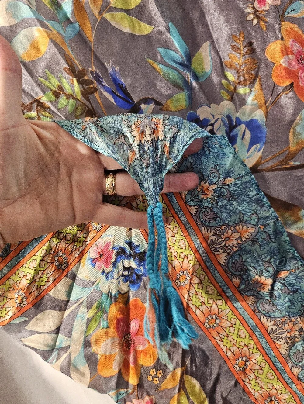 *Johnny Was Silk Square Scarf Floral Botanical Bird Print with Corner Tassels