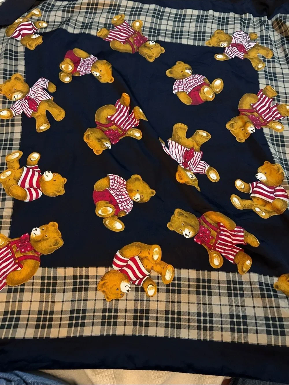 Vintage  Teddy Bear Print Plaid Scarf - Navy & Gold