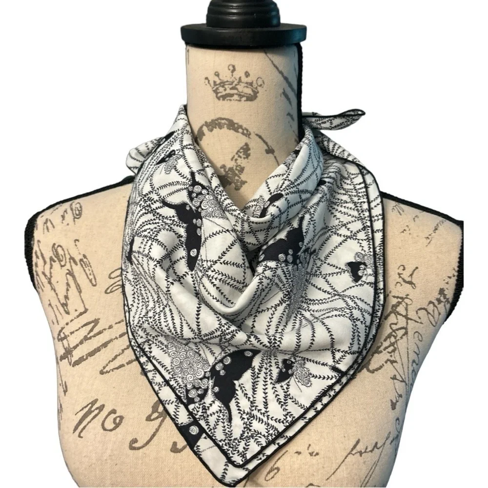 Scarf, square, black and white abstract design with butterflies.