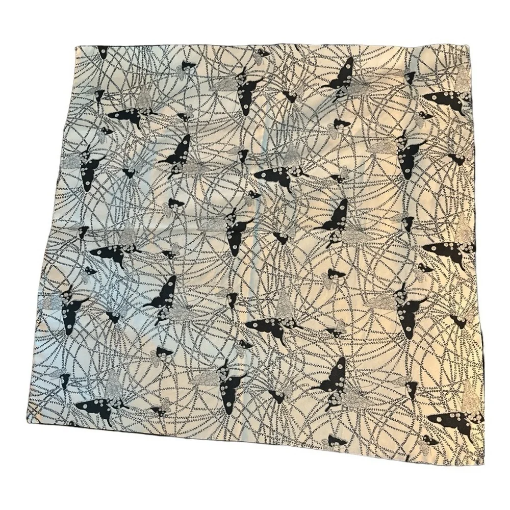 Scarf, square, black and white abstract design with butterflies.
