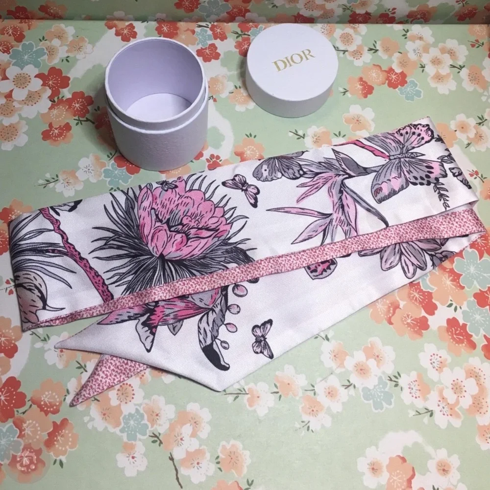 Dior 100% Silk Pink Twilly Floral 37