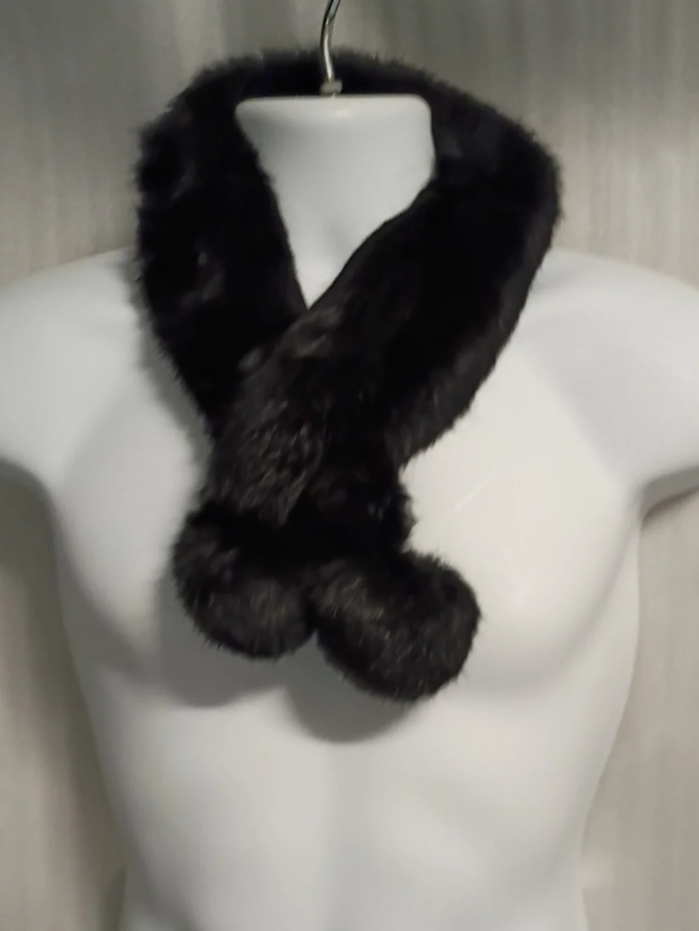 Black Rabbit Fur Scarf with Pom Details - Women Accessories