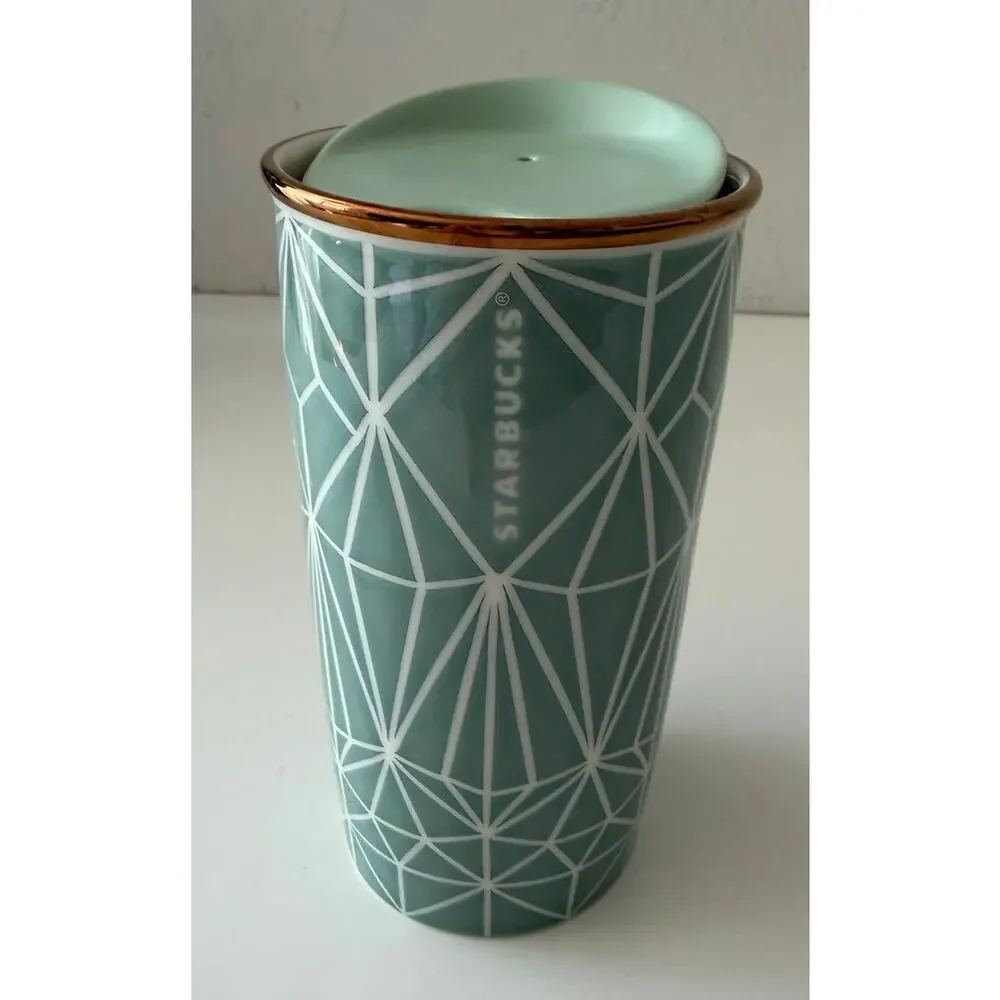 STARBUCKS 2017 Ceramic Green Diamond Geometric Travel Mug Tumbler 12 Ounces LN