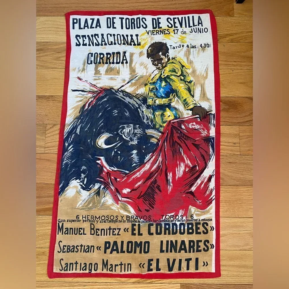 1970s Plaza De Toros de Sevilla, Sensacional Corrida Bull Fighting Scarf/Towel